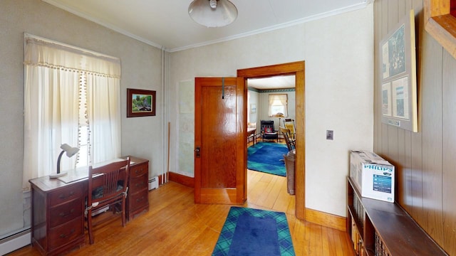 90 E Ter, Millinocket, ME 04462 - home office with a baseboard heating unit, light wood finished floors, ornamental molding, and baseboards
