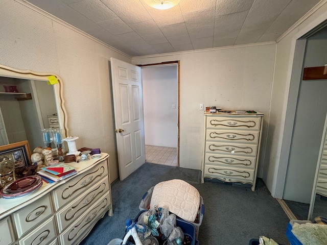 carpeted bedroom featuring a closet and ornamental molding