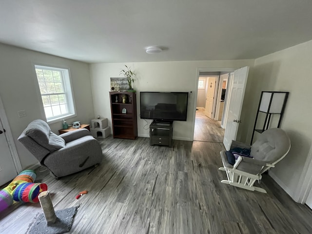 living room with dark hardwood / wood-style flooring