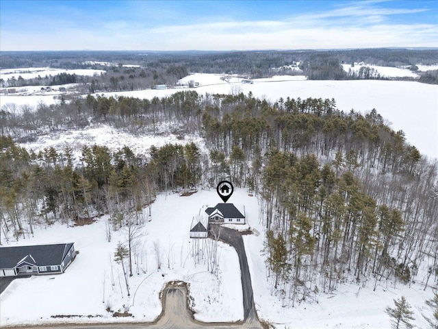 snowy aerial view featuring a wooded view