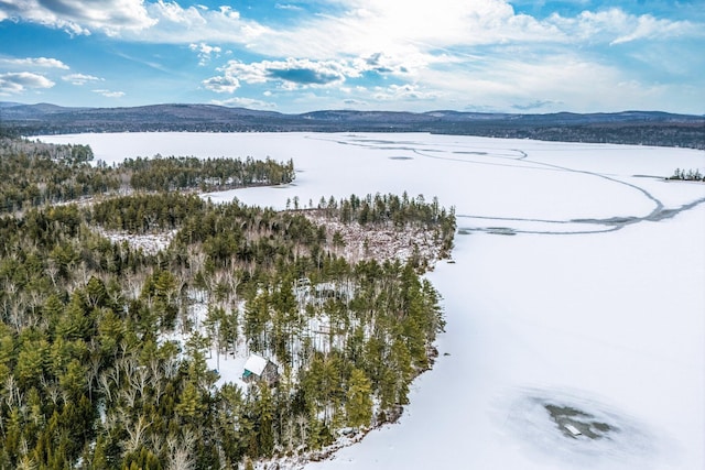 snowy aerial view with a mountain view