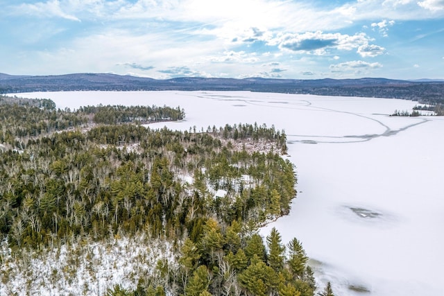 snowy aerial view with a mountain view