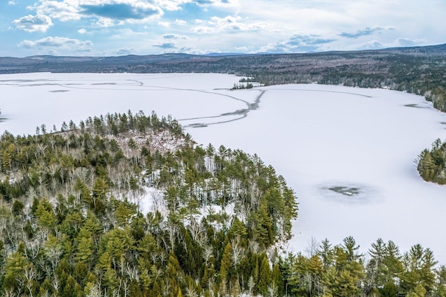 snowy aerial view with a mountain view