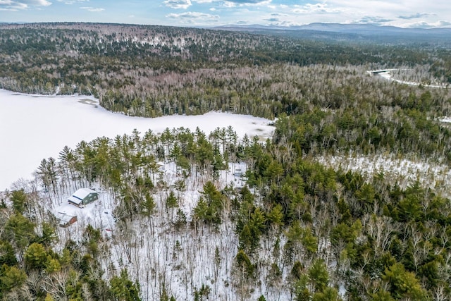 snowy aerial view with a mountain view