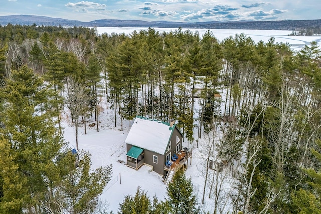 snowy aerial view featuring a mountain view