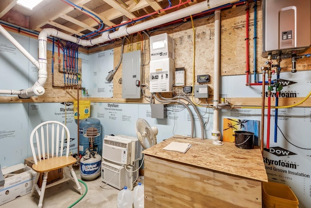 utility room with electric panel and tankless water heater