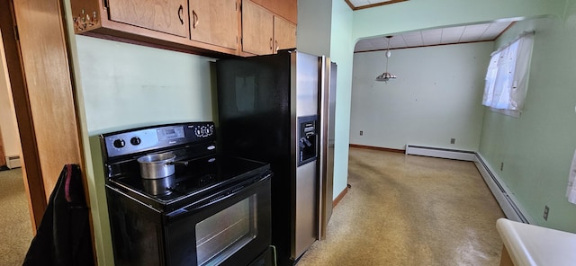 kitchen featuring stainless steel refrigerator with ice dispenser and black range with electric cooktop