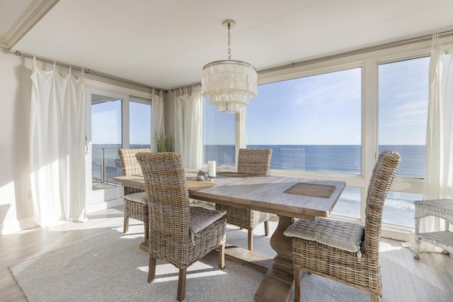 dining space featuring a water view, a wealth of natural light, a notable chandelier, and hardwood / wood-style flooring