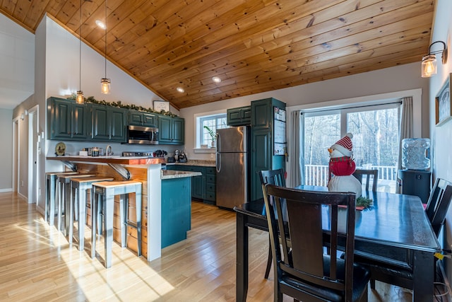 kitchen with pendant lighting, stainless steel appliances, light hardwood / wood-style flooring, and wooden ceiling