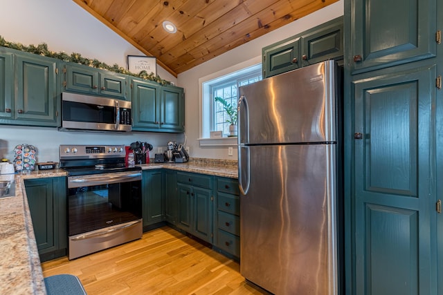 kitchen featuring light stone countertops, wood ceiling, stainless steel appliances, light hardwood / wood-style flooring, and lofted ceiling