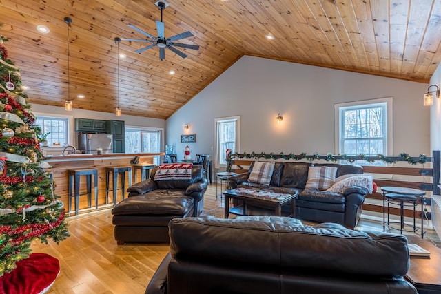 living room with high vaulted ceiling, sink, ceiling fan, light wood-type flooring, and wood ceiling