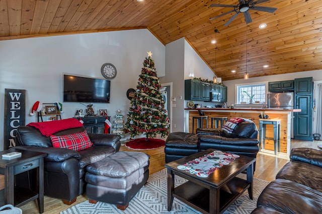 living room featuring ceiling fan, wood ceiling, high vaulted ceiling, and light hardwood / wood-style flooring