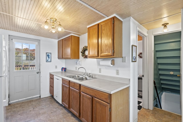 kitchen featuring dishwasher, wood ceiling, light countertops, and a sink