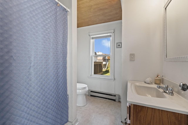 full bathroom with vanity, curtained shower, toilet, and a baseboard radiator