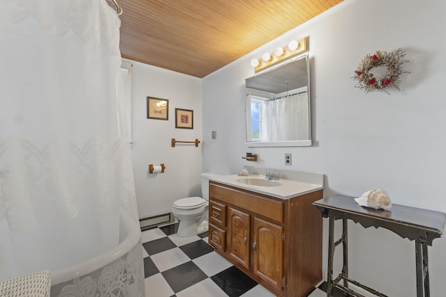 full bathroom featuring tile patterned floors, ornamental molding, wood ceiling, and a baseboard radiator