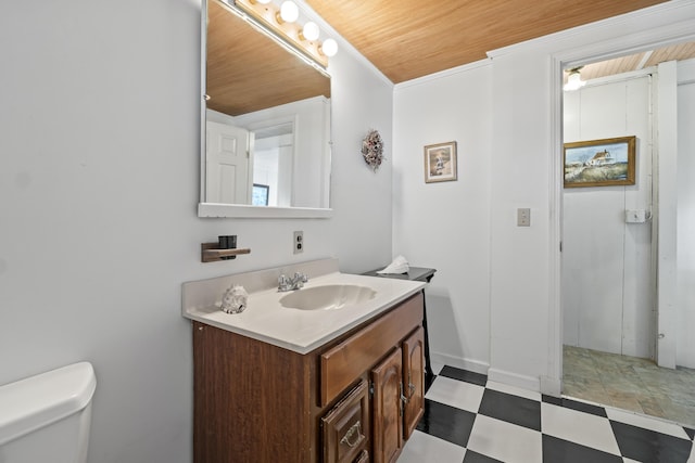 bathroom featuring tile patterned floors, toilet, wooden ceiling, and vanity