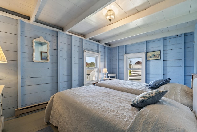 bedroom featuring beam ceiling, wooden walls, and a baseboard radiator