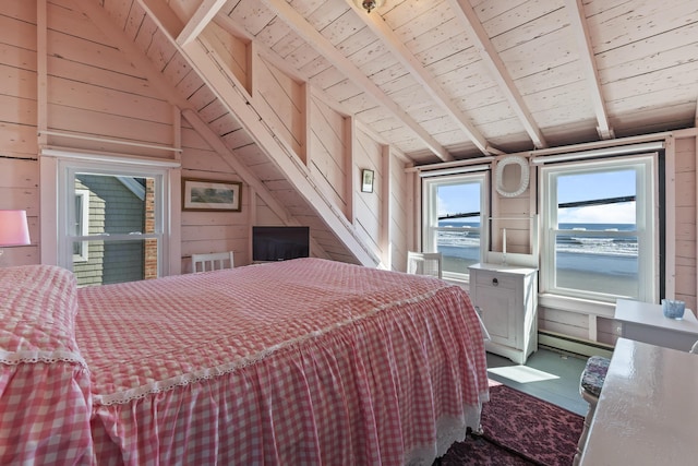 bedroom featuring lofted ceiling with beams, wooden walls, and wood ceiling