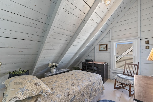 bedroom featuring light wood-style floors, wooden walls, wood ceiling, and vaulted ceiling with beams