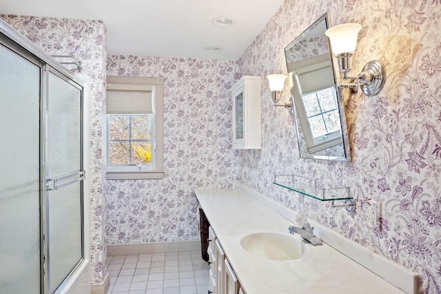 95 Pumpkin Cove Rd, Bristol, ME 04554 - bathroom with tile patterned flooring, vanity, a healthy amount of sunlight, and shower / bath combination with glass door