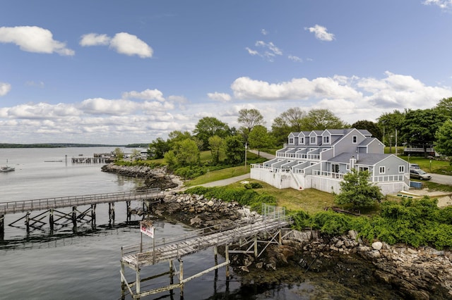 exterior space with a water view