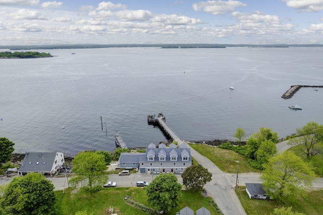 drone / aerial view with a water view