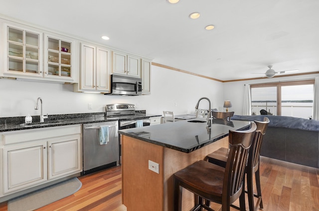 kitchen with appliances with stainless steel finishes, light wood-type flooring, a kitchen island with sink, and sink