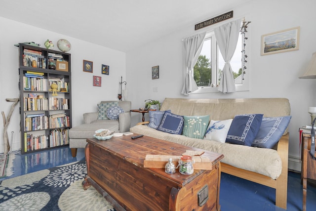 carpeted living room with baseboard heating