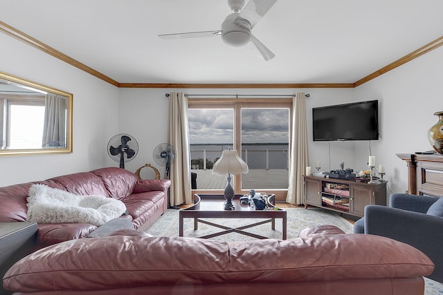 living room featuring ceiling fan, crown molding, and a wealth of natural light