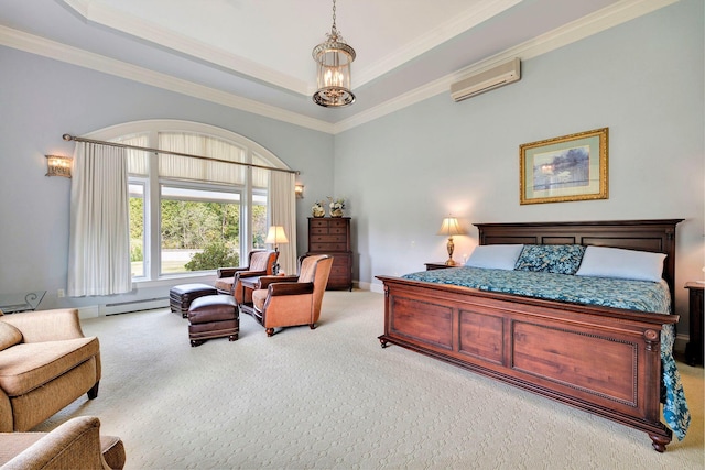 carpeted bedroom featuring baseboard heating, a raised ceiling, a wall mounted AC, and crown molding