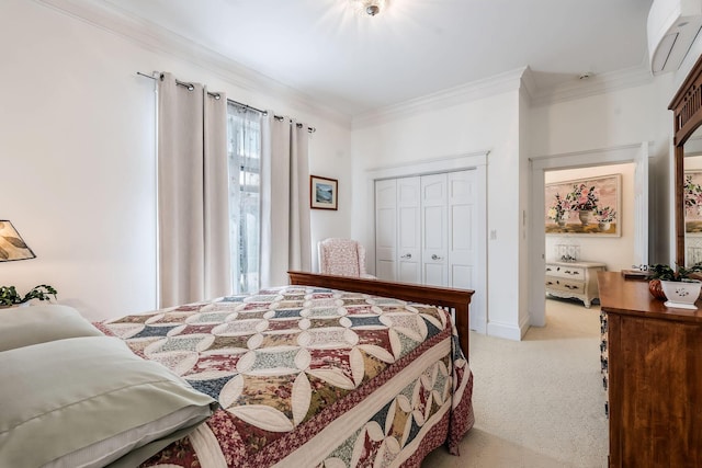 carpeted bedroom featuring an AC wall unit, ornamental molding, and a closet