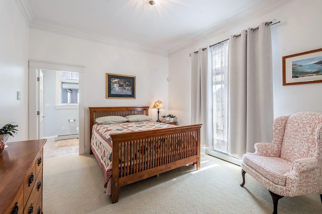 carpeted bedroom featuring crown molding and a baseboard heating unit