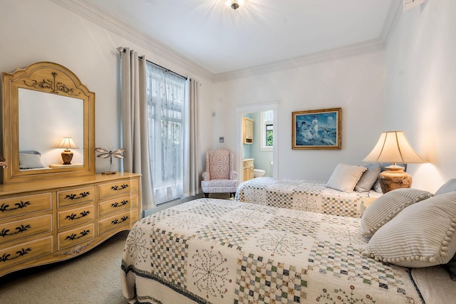 bedroom with carpet flooring and ornamental molding