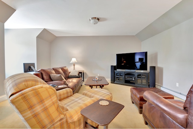 living room with carpet, baseboard heating, and vaulted ceiling