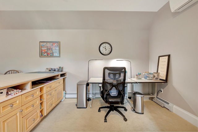 office area with a wall mounted air conditioner, light colored carpet, and baseboard heating