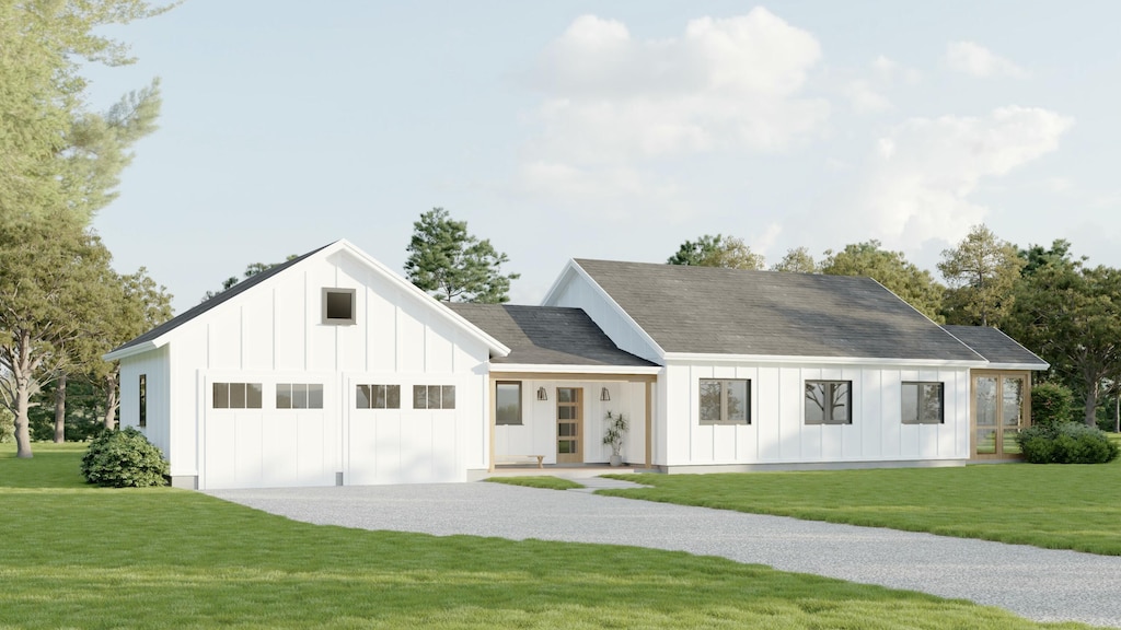 LOT3 Rose Douglas Ln, Brunswick, ME 04011 - modern farmhouse style home with gravel driveway, a garage, a front lawn, and board and batten siding