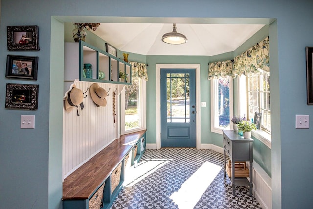 mudroom featuring vaulted ceiling and plenty of natural light