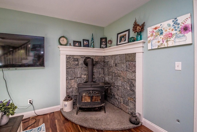 room details featuring hardwood / wood-style flooring and a wood stove