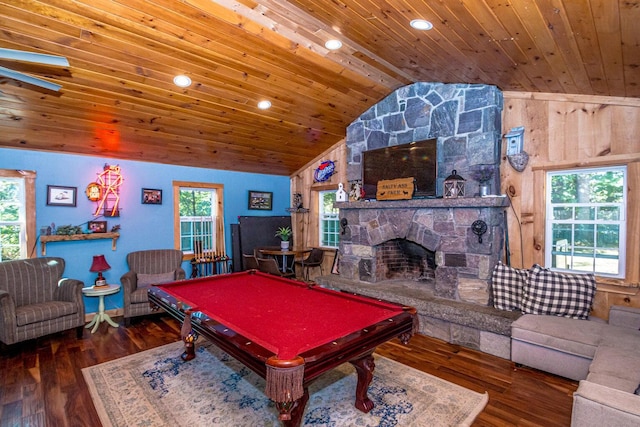 recreation room featuring dark hardwood / wood-style flooring, wood ceiling, lofted ceiling, and billiards