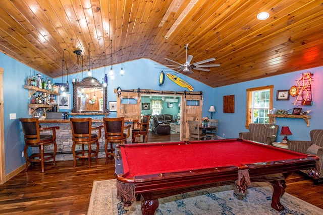 game room with hardwood / wood-style flooring, bar area, billiards, and vaulted ceiling