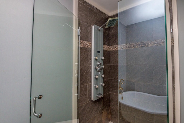 bathroom with a shower with shower door