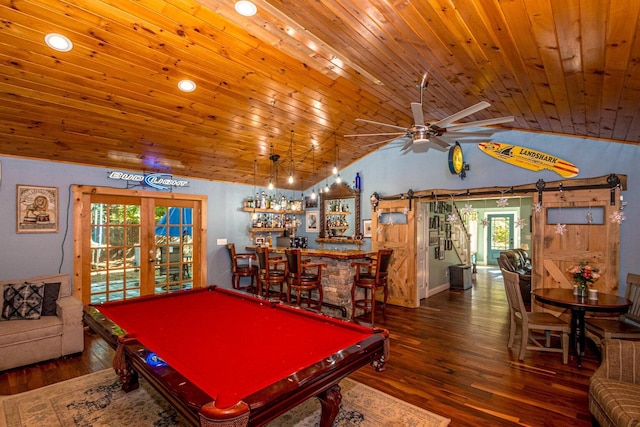 playroom featuring hardwood / wood-style floors, lofted ceiling, wood ceiling, and french doors