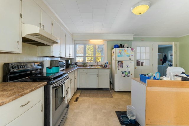 kitchen featuring sink, white cabinetry, electric range, ornamental molding, and white fridge