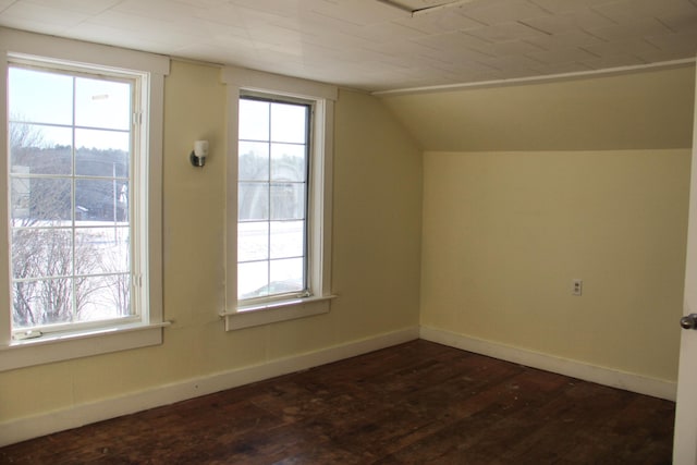 additional living space featuring dark wood-type flooring and lofted ceiling