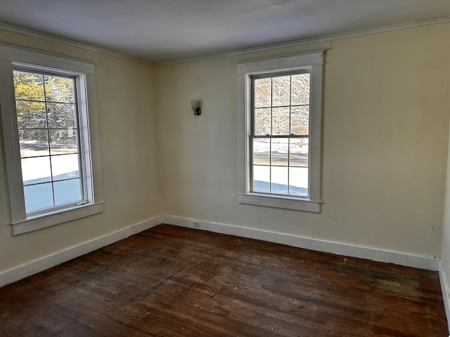 empty room featuring dark hardwood / wood-style flooring and ornamental molding