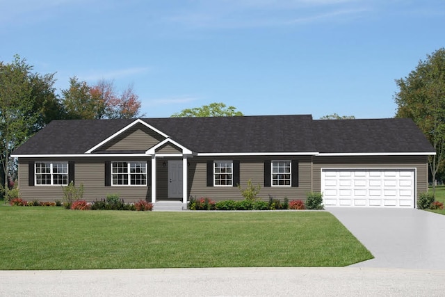 ranch-style house featuring a garage and a front lawn