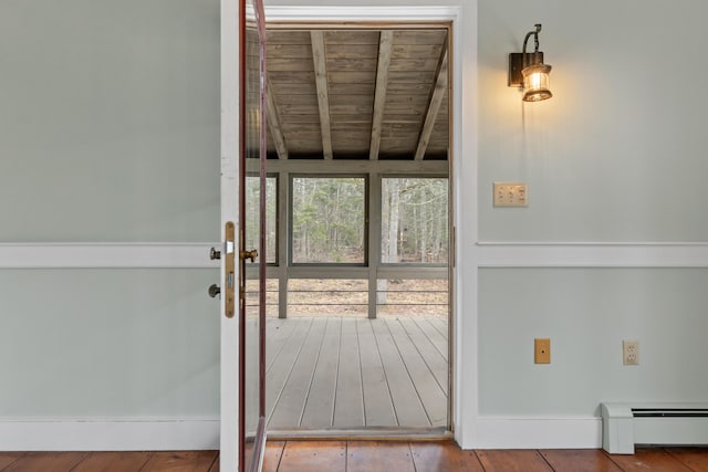 35 Cushman Rd, Nobleboro, ME 04555 - doorway to outside featuring a baseboard heating unit and beam ceiling
