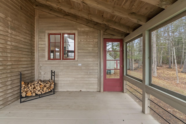 35 Cushman Rd, Nobleboro, ME 04555 - unfurnished sunroom featuring beamed ceiling