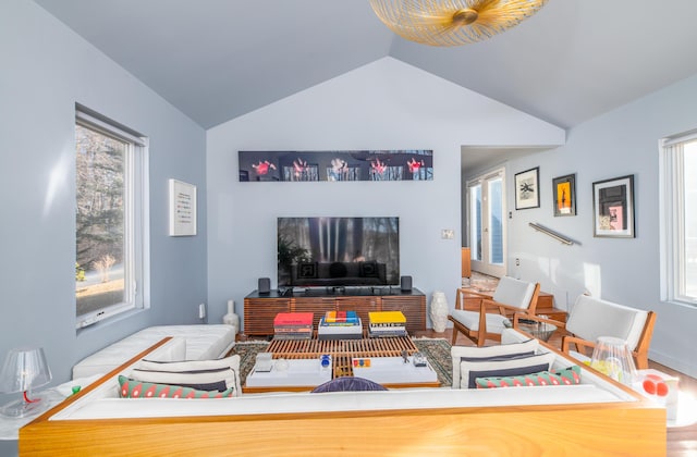 living room featuring vaulted ceiling and a healthy amount of sunlight