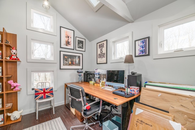 office space with dark wood-type flooring and vaulted ceiling